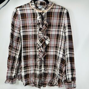 Chico's Ruffled Plaid Button Up Blouse Women's Size 1 NWT